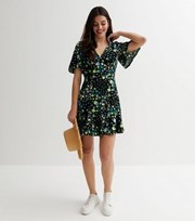 New Look Black Floral Flutter Sleeve Mini Tea Dress
